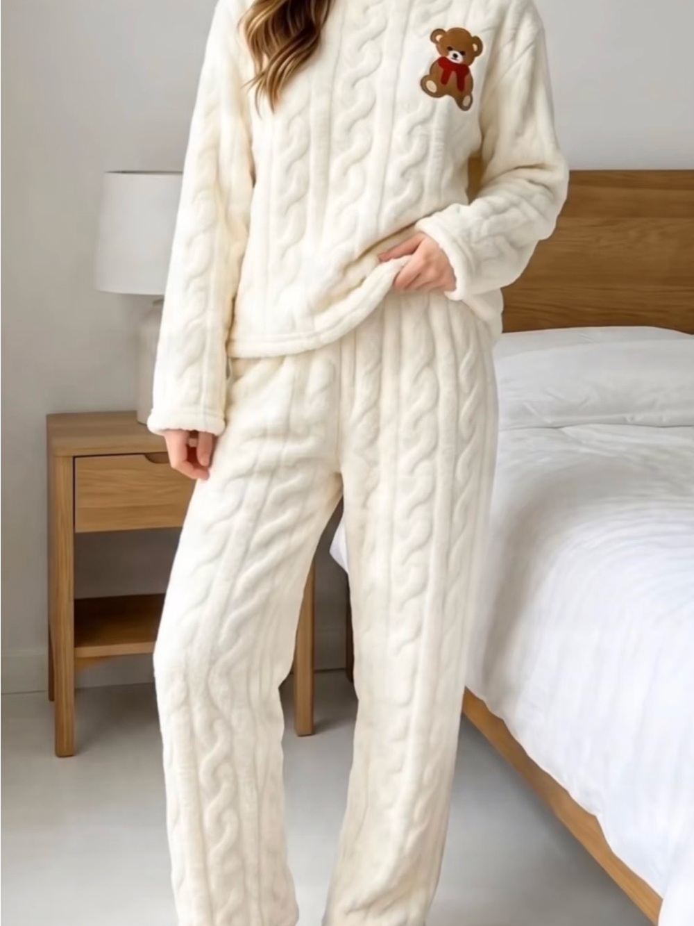 Plush Cream Cable-Knit Teddy Appliqué Pajama Set XL